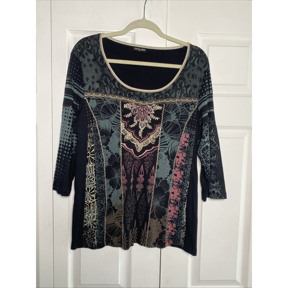 Vanilla Sugar Boho Embellished Graphic Top Womens Size 3X Black Cotton Y2K Artsy